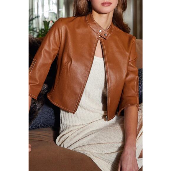 Susan Bender Stretch Leather Crop Zip Sleeve Moto Cross Jacket in Saddle 10 - Picture 1 of 5